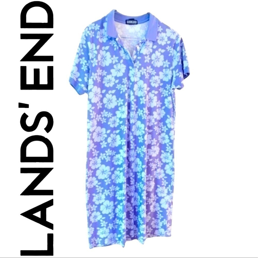 LANDS END 100% Cotton Floral Shirt Dress. Size Large